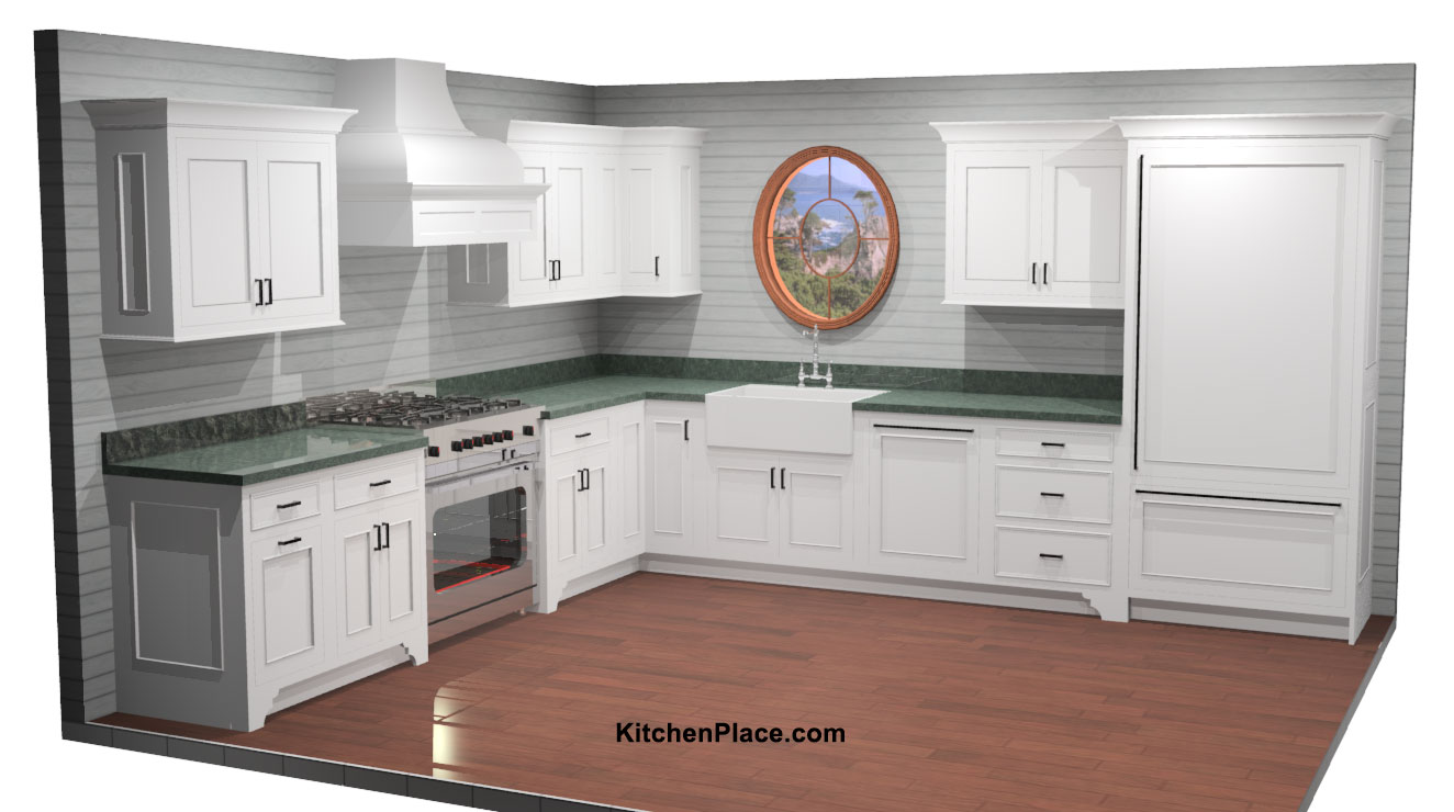 L-shaped kitchen wall with cabinets