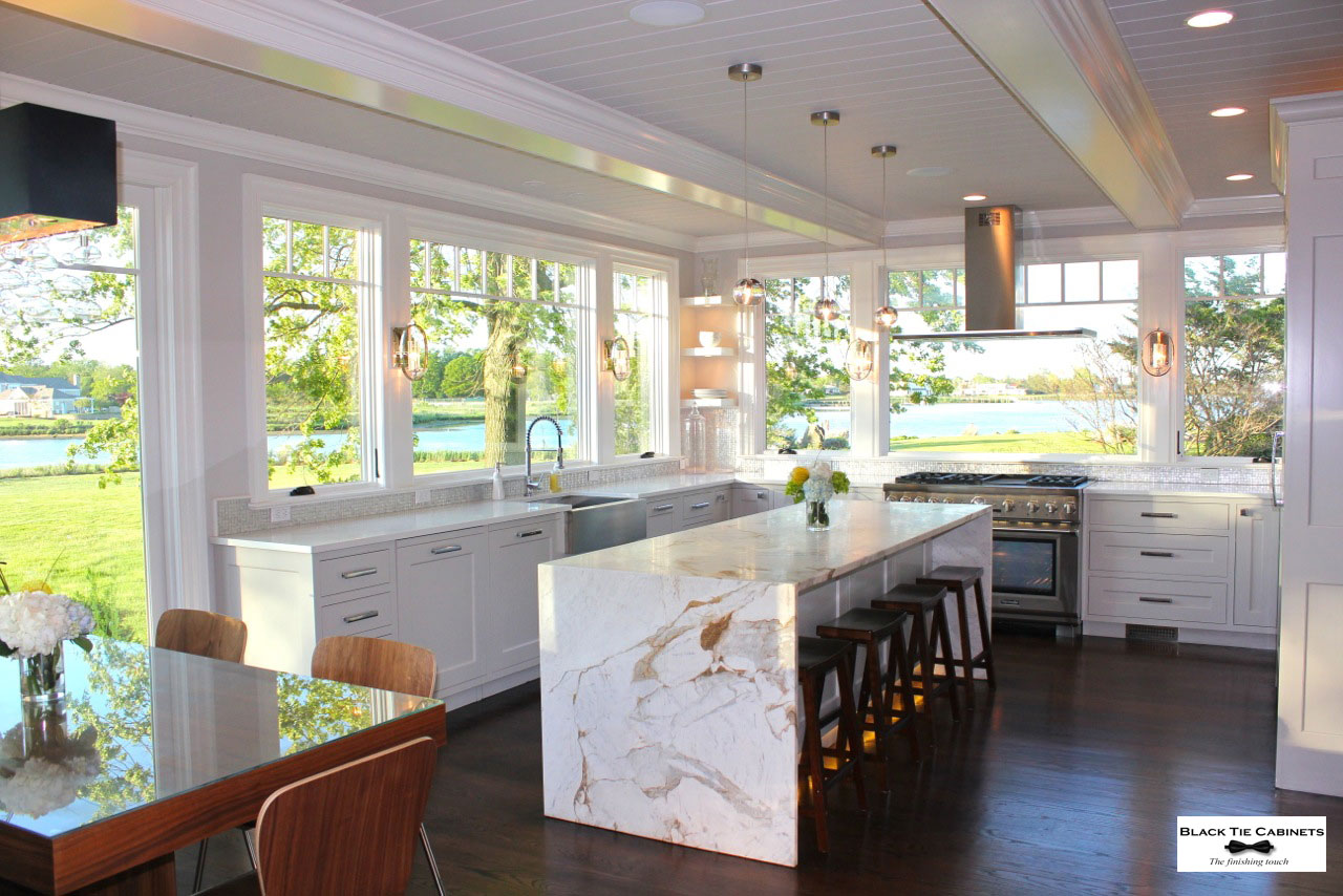 White inset style kitchen cabinets.