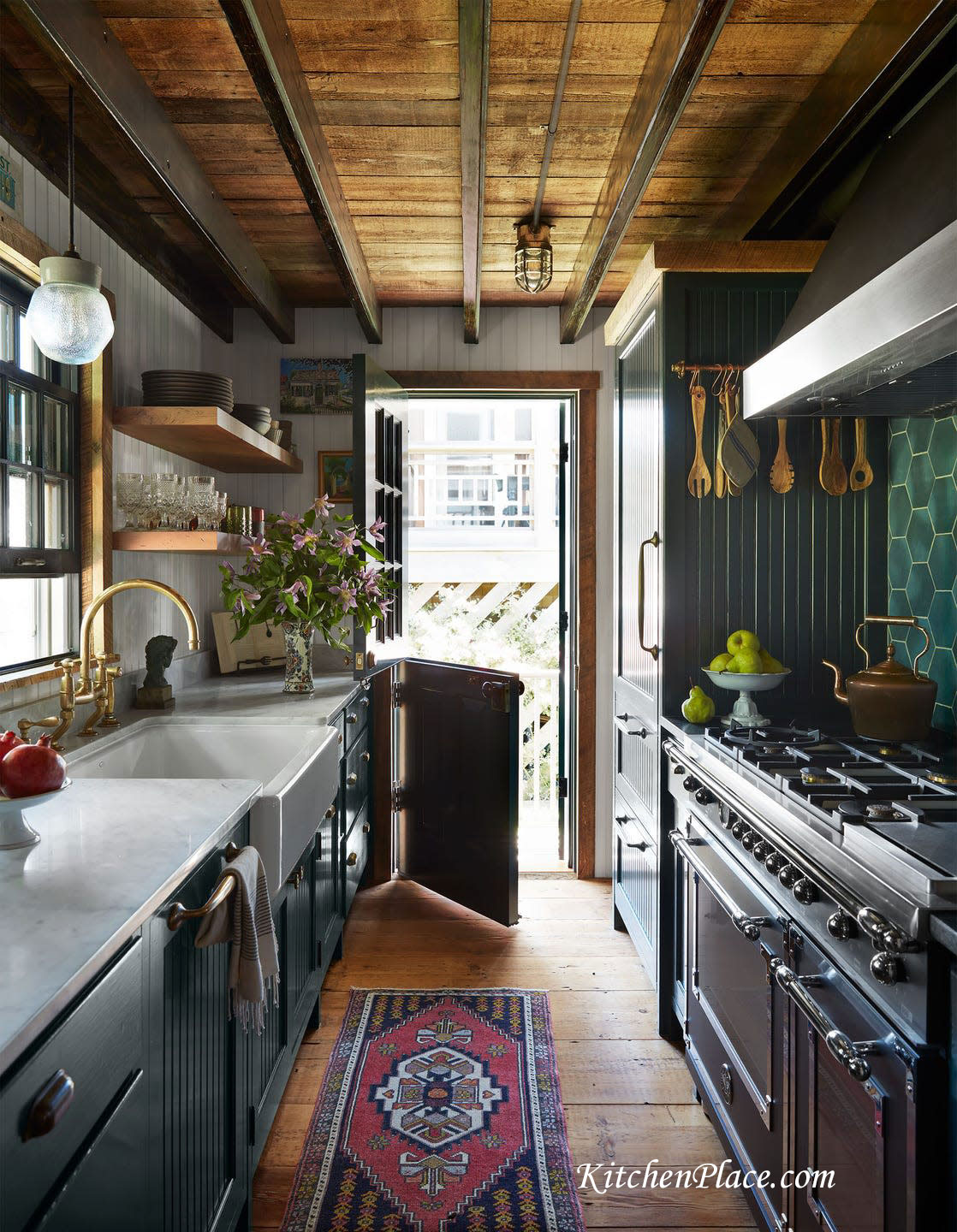 White inset style kitchen cabinets.