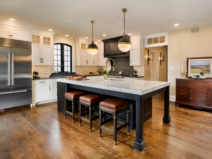 White and black custom kitchen with inset style doors.